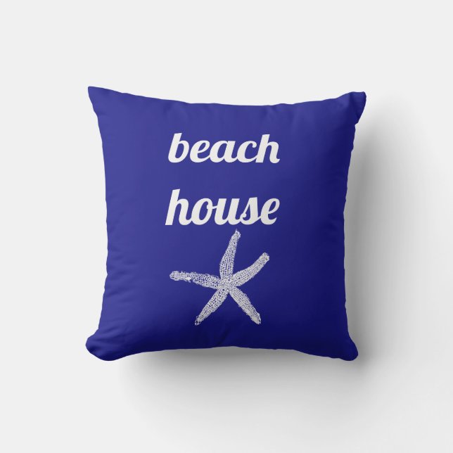 Beach House Nautical Navy Blue White Starfish Cute Cushion (Front)