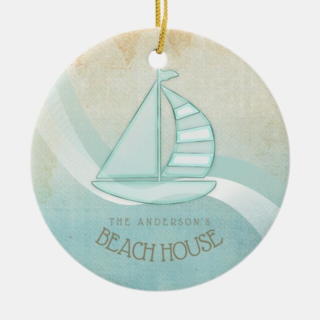 Beach House Nautical Sailboat Aqua Blue ID623 Ceramic Ornament (Front)