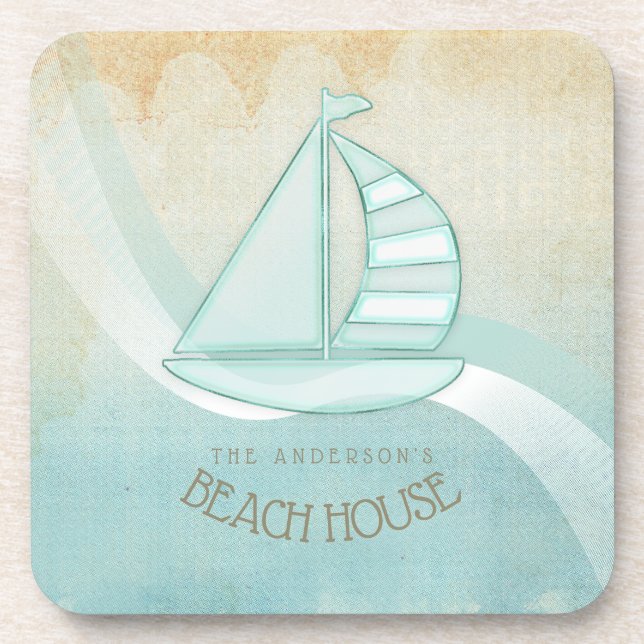 Beach House Nautical Sailboat Aqua Blue ID623 Coaster (Front)