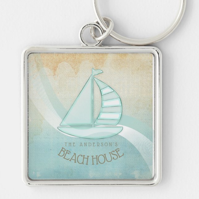 Beach House Nautical Sailboat Aqua Blue ID623 Key Ring (Front)