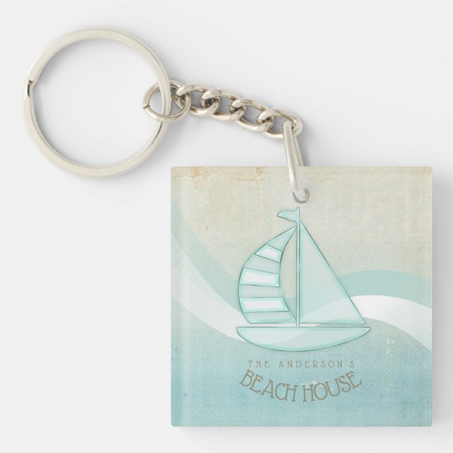 Beach House Nautical Sailboat Aqua Blue ID623 Key Ring (Front)