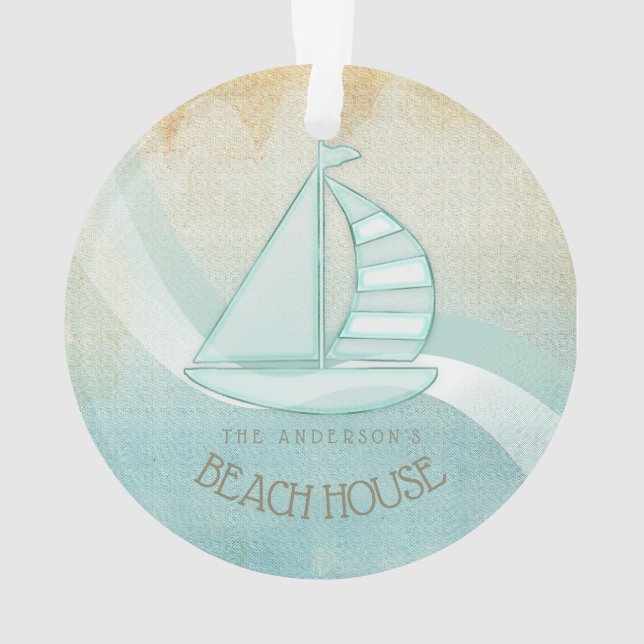 Beach House Nautical Sailboat Aqua Blue ID623 Ornament (Back)