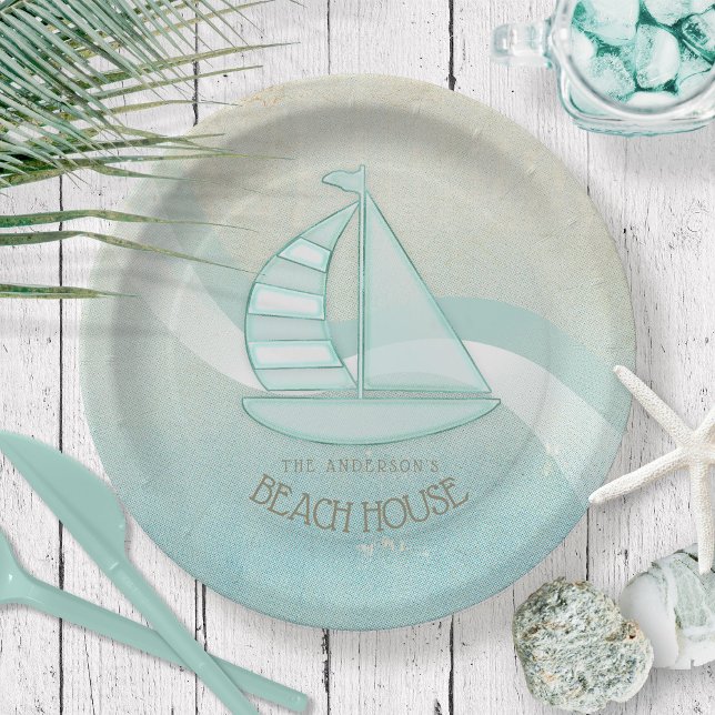 Beach House Nautical Sailboat Aqua Blue ID623 Paper Plate (Creator Uploaded)