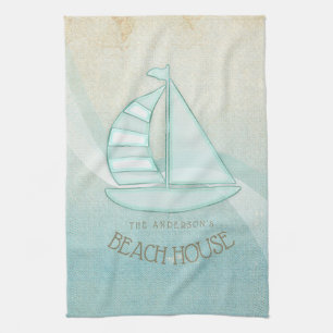 Beach House Nautical Sailboat Aqua Blue ID623 Tea Towel