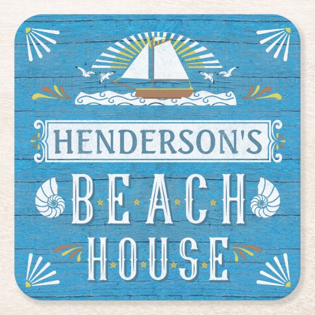 Beach House Nautical Sailboat Seashells Your Name Square Paper Coaster (Front)