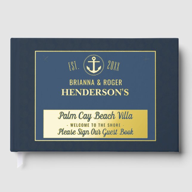 Beach House Nautical Shells Vacation Rental Gold Guest Book (Front)
