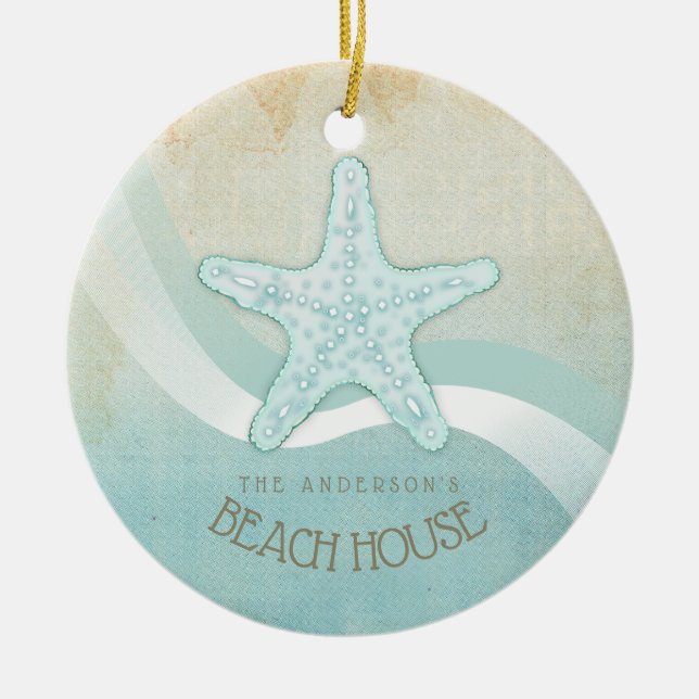 Beach House Nautical Starfish Aqua Blue ID623 Ceramic Ornament (Front)