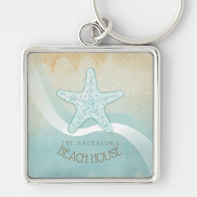 Beach House Nautical Starfish Aqua Blue ID623 Key Ring (Front)