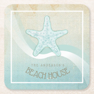 Beach House Nautical Starfish Aqua Blue ID623 Square Paper Coaster