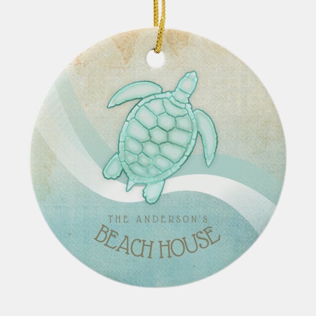 Beach House Nautical Turtle Aqua Blue ID623 Ceramic Ornament (Front)