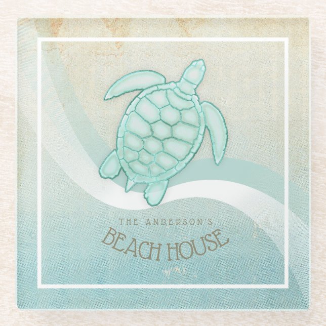 Beach House Nautical Turtle Aqua Blue ID623 Glass Coaster (Front)