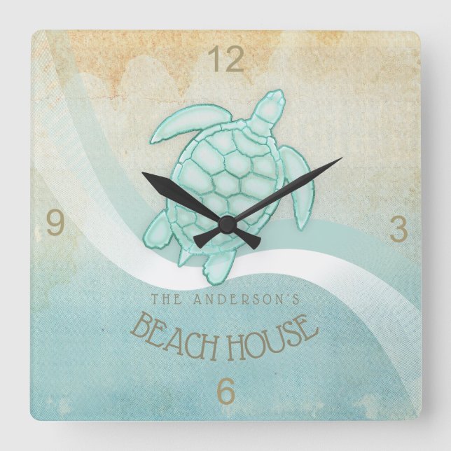 Beach House Nautical Turtle Aqua Blue ID623 Square Wall Clock (Front)