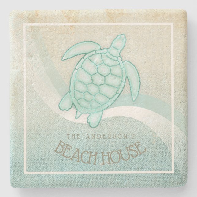 Beach House Nautical Turtle Aqua Blue ID623 Stone Coaster (Front)