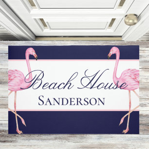 Beach House Navy Blue and Pink Flamingos Doormat