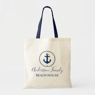 Beach House Navy Blue Nautical Anchor Rope Star Tote Bag