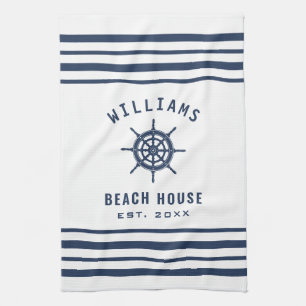 Beach House Navy Blue White Nautical Family Name Tea Towel
