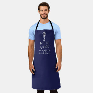 Beach House Navy Blue White Seahorse Personalized Apron