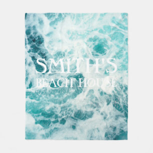 Beach House Ocean Sea Waves Custom Family Name Fleece Blanket