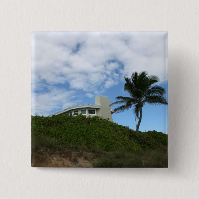 Beach House on Hill with sky and palm tree 15 Cm Square Badge (Front)