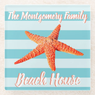 Beach House Orange Starfish & Family Name Glass Coaster