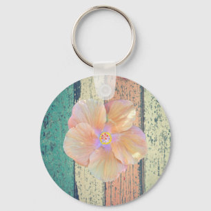 Beach house painted wood oceanside hibiscus key ring