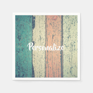 Beach house painted wood striped teal peach sand napkin