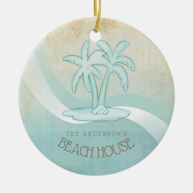 Beach House Palm Trees Aqua ID623 Ceramic Ornament (Front)