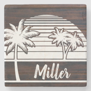 Beach House palms and Sunset Family Name Stone Coaster