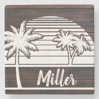 Beach House palms and Sunset Family Name Stone Coaster