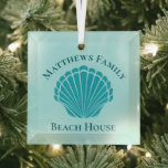 Beach House Personalised Keepsake Blue Seashell Glass Tree Decoration<br><div class="desc">Beautiful aqua seashell monogram beach house Christmas ornament for an island vacation rental or tropical getaway home. Personalise this pretty monogram present for your family to commemorate a summer vacation.</div>