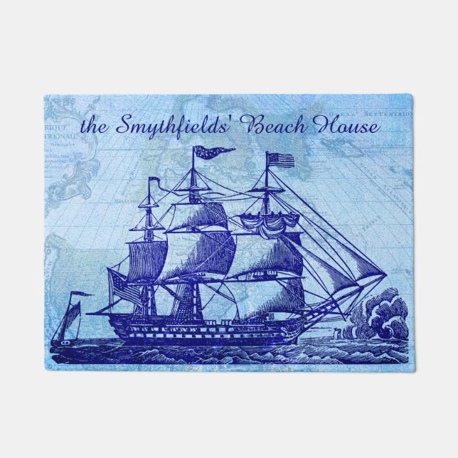 Beach House Personalised Nautical Sailing Ship Doormat (Front)