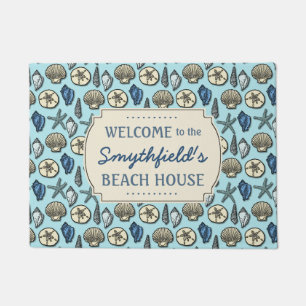 Beach House Personalised Sea Shells Blue Nautical Doormat