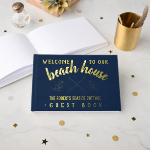 Beach House Personalised Vacation Rental Navy Gold Guest Book
