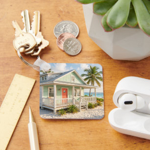 Beach House Photo Neutral Grid Custom Black White Key Ring