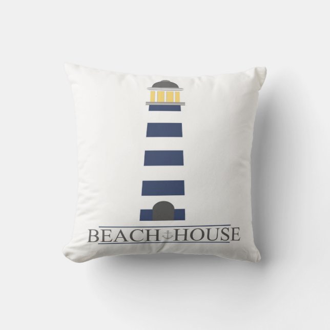 Beach House Pillow. Navy Blue Lighthouse Cushion (Front)