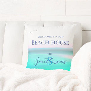 Beach house pillow ocean blue sea Throw Pillow