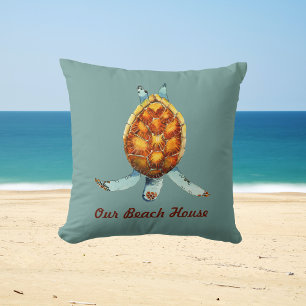 Beach House Pillow with Diving Sea Turtle on Green