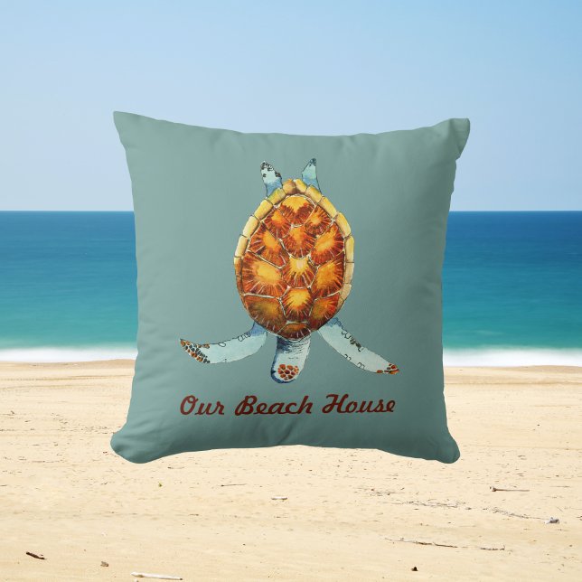 Beach House Pillow with Diving Sea Turtle on Green (Creator Uploaded)