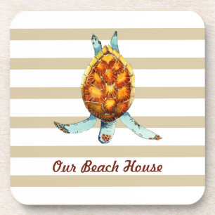 Beach House Pillow with Sea Turtle on Tan Stripes Coaster