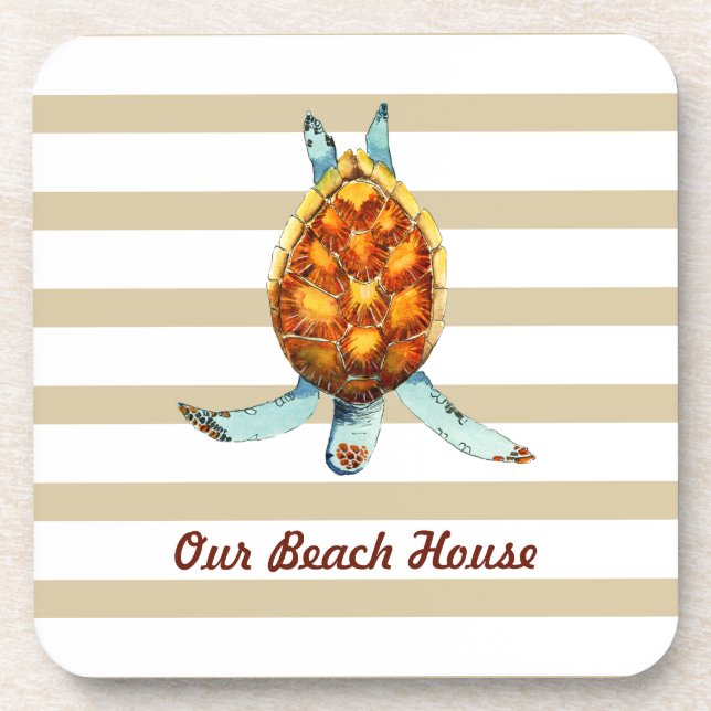 Beach House Pillow with Sea Turtle on Tan Stripes Coaster (Front)