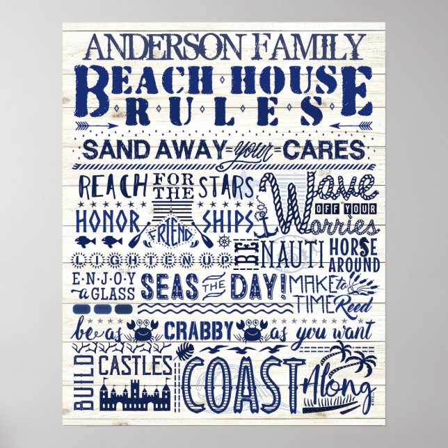 Beach House Rules Blue Coastal Personalised Family Poster (Front)