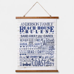 Beach House Rules Blue Coastal Personalized Family Hanging Tapestry
