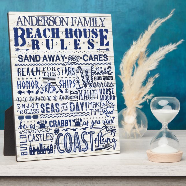 Beach House Rules Coastal Blue Personalised Family Plaque (Side)