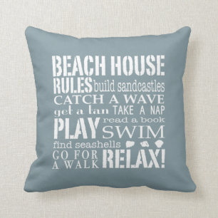 Beach House Rules in Denim Blue Square Pillow