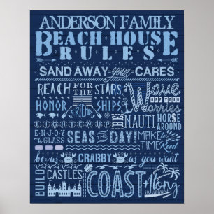Beach House Rules Navy Blue Coastal Custom Family Poster