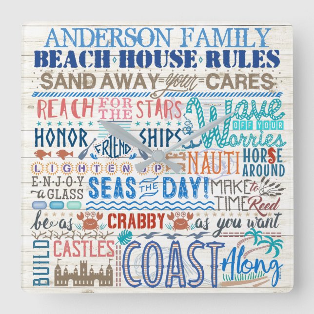 Beach House Rules Personalized Family Name Coastal Square Wall Clock (Front)