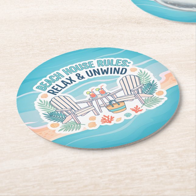 Beach House Rules: Relax and Unwind Round Paper Coaster (Angled)