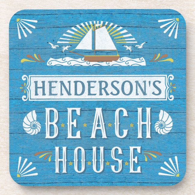 Beach House Sailboat Nautical Shells Personalised Coaster (Front)