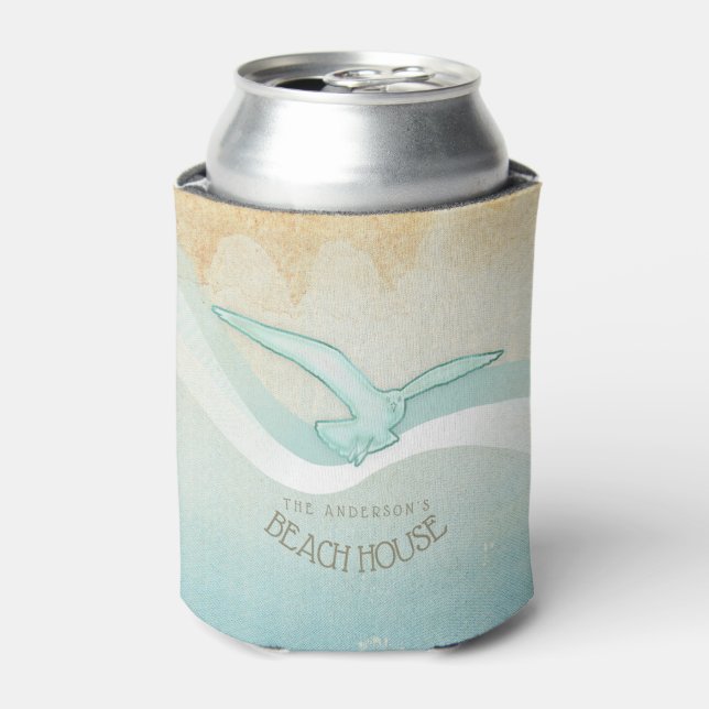 Beach House Seagull Aqua Blue ID623 Can Cooler (Can Front)