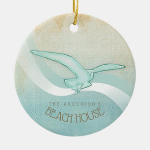 Beach House Seagull Aqua Blue ID623 Ceramic Ornament